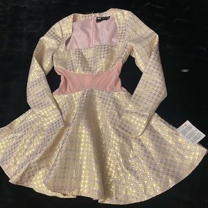 ASOS LUXE pink & metallic and gold for flare dress with sheer corset middle
